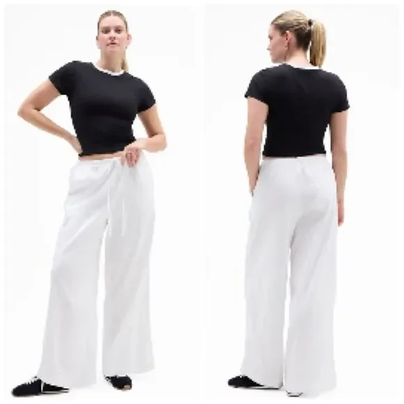 NWT Athleta Paradise Wide Leg Pant White Women Size M Linen Blend Drawstring - Picture 2 of 15